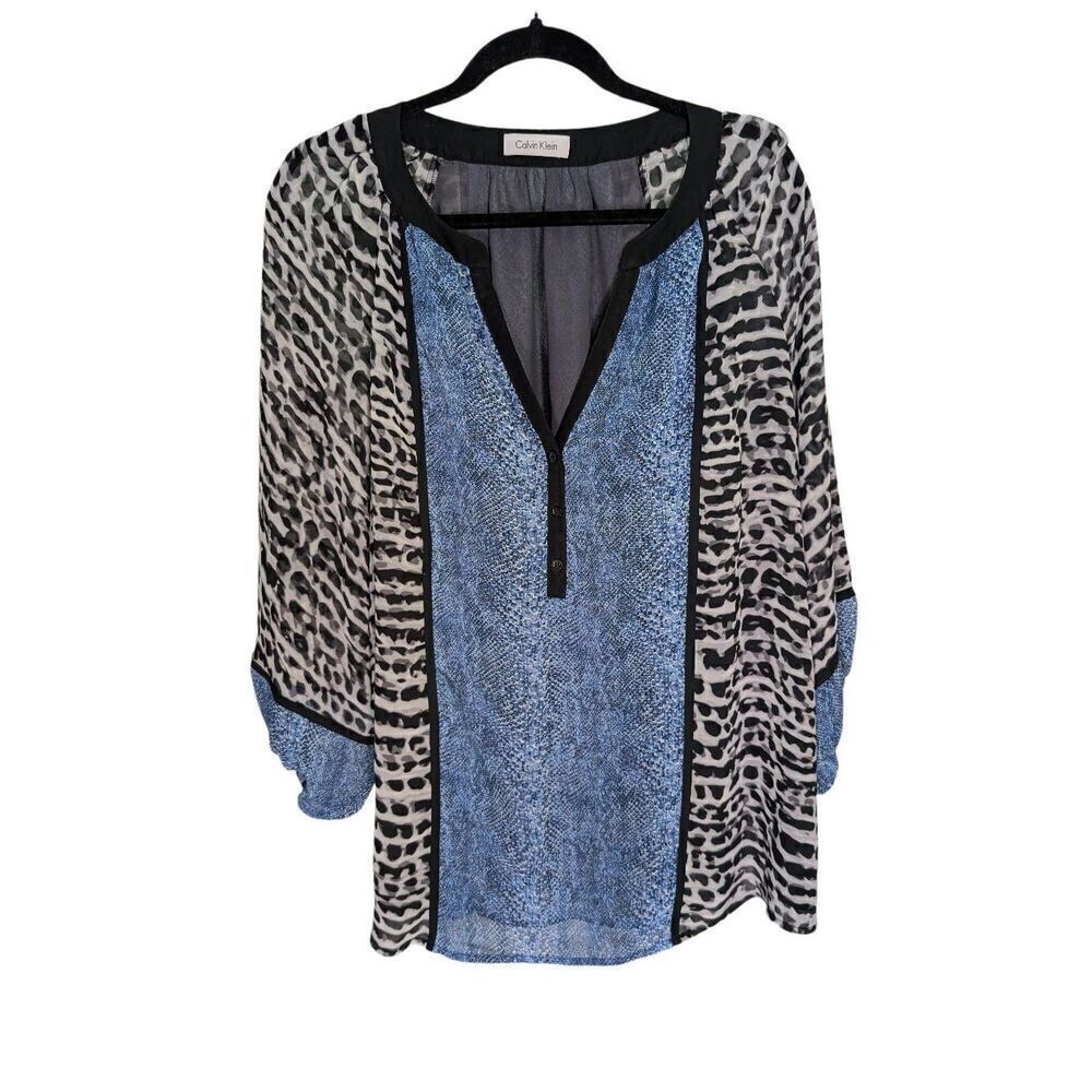 Calvin Klein Blue and Black Animal Print Mixed-Pattern Blouse